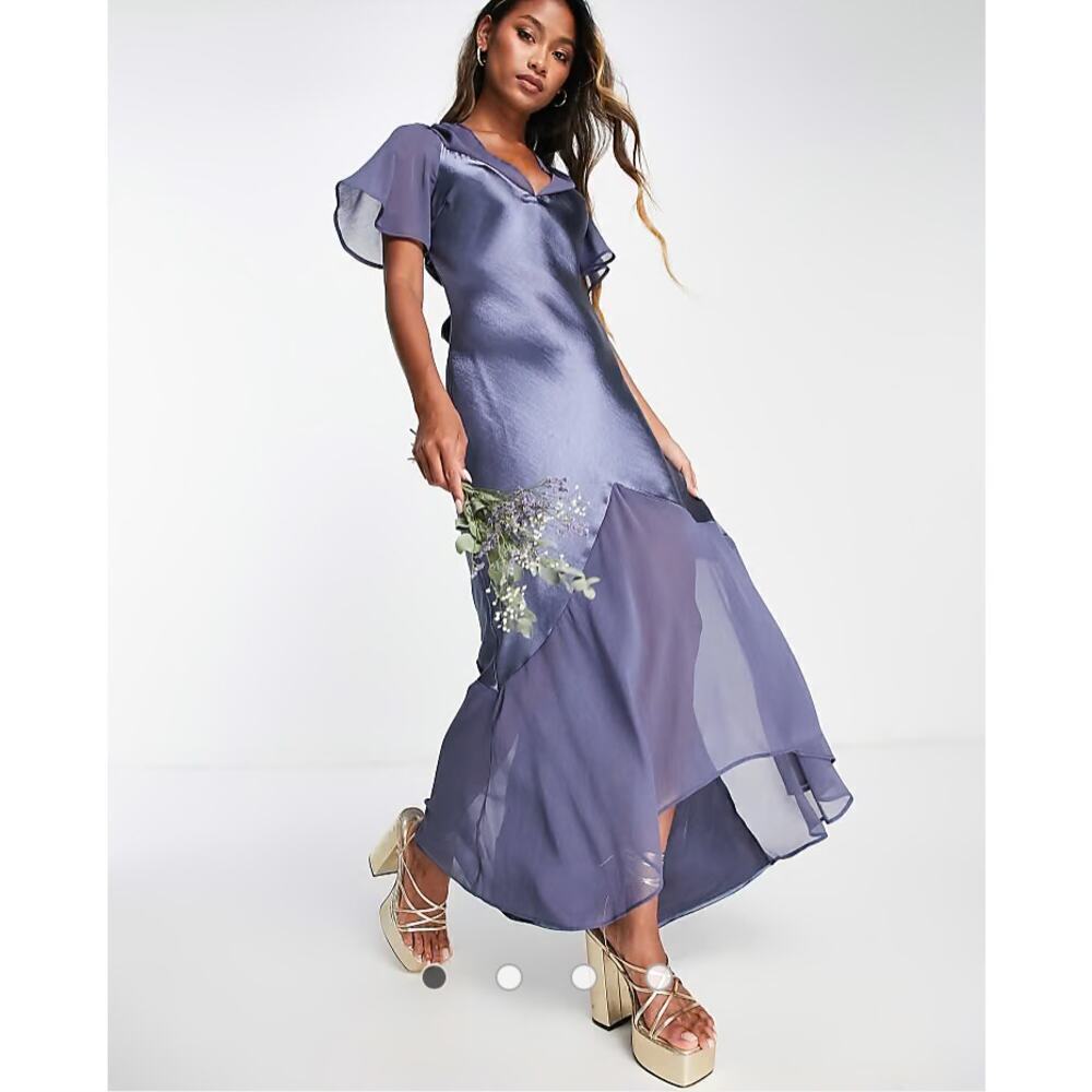 Topshop Satin Mixed Fabric Hi Low Maxi Dress Navy Size 6
